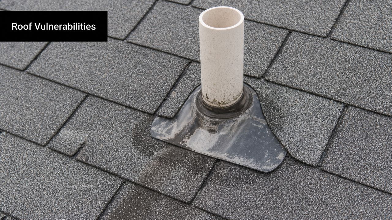 A close-up view of a roof pipe boot flashing installed on gray asphalt shingles on a roof.