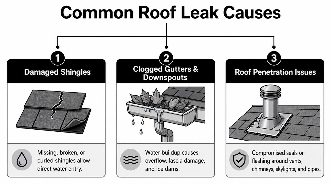 A diagram illustrating three common roof leak causes: damaged shingles, clogged gutters, and roof penetration issues.