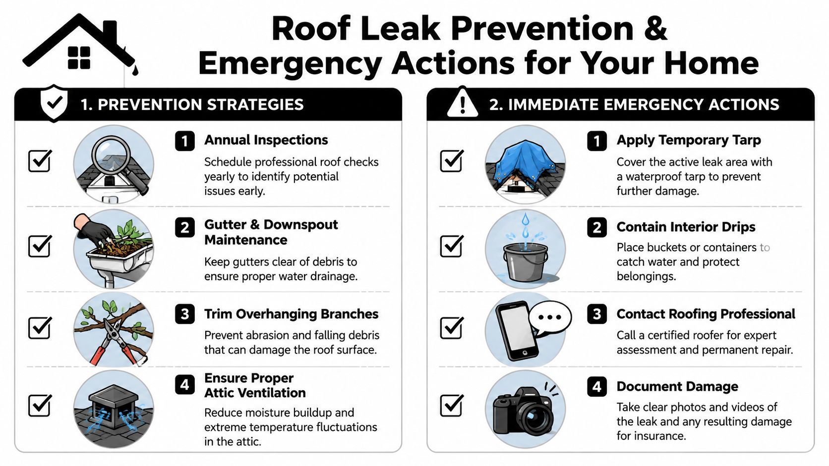 A professional infographic outlining prevention strategies and emergency actions to take for residential roof leak repair.
