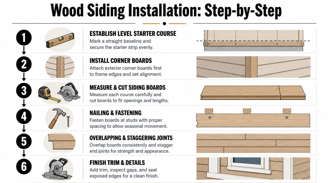 A step-by-step infographic illustrating the six-part process for installing wood siding on a home exterior.