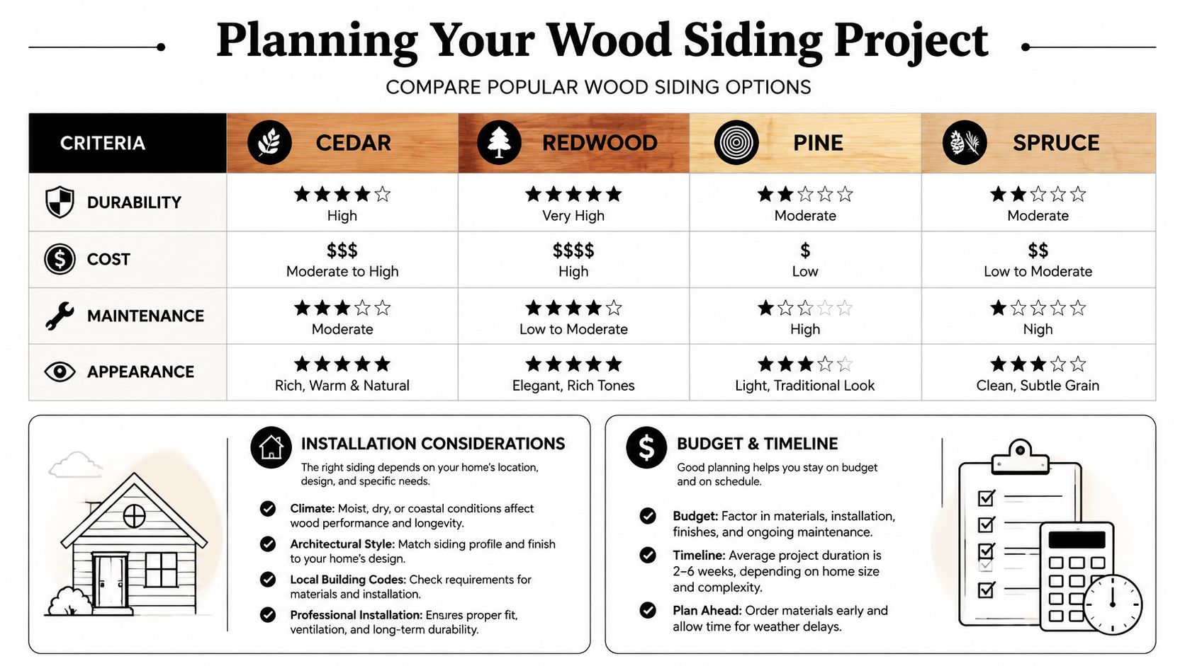A comparison chart outlining different wood siding options, including durability, cost, maintenance, and appearance characteristics.