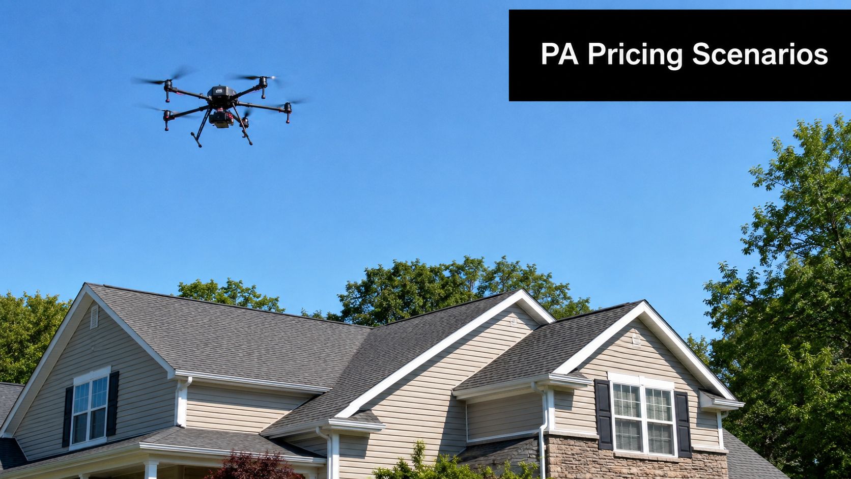 A drone hovering over a residential house to conduct a professional roof inspection during a sunny day.