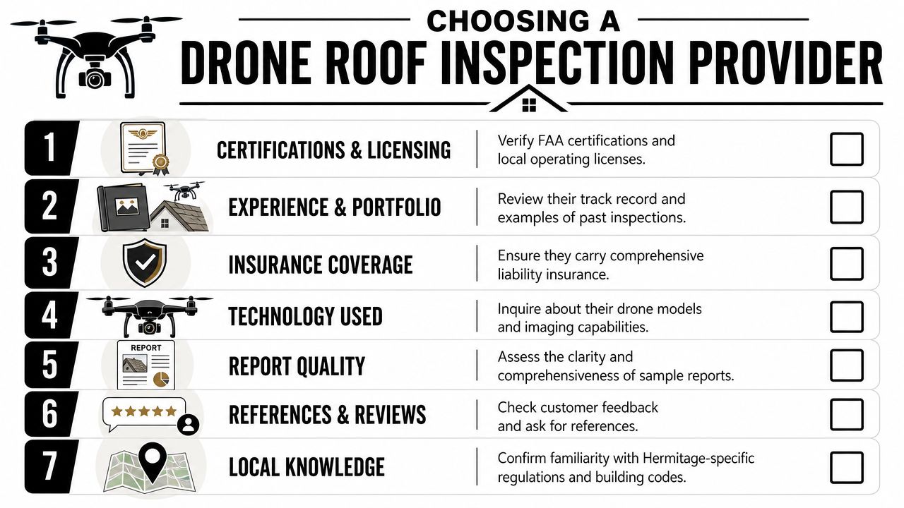 A checklist infographic outlining seven key factors to consider when choosing a professional drone roof inspection service provider.