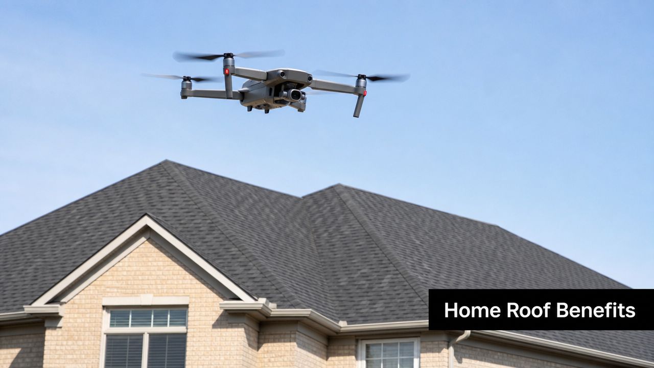 A professional drone performing an aerial inspection of a residential home roof under a clear sky.