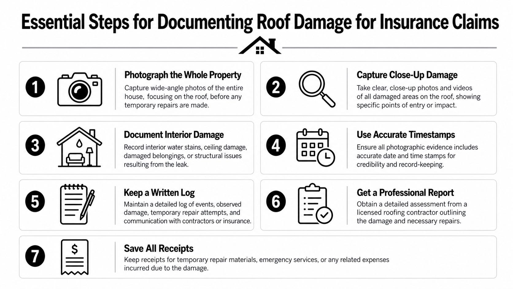 An infographic showing seven essential steps for documenting roof damage when filing an insurance claim.