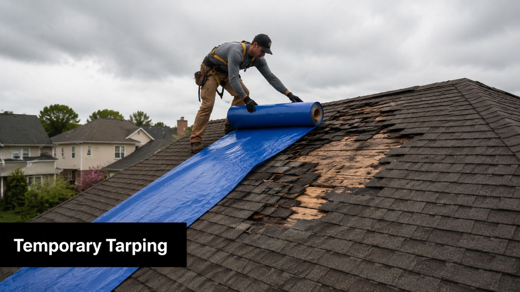 A professional roofer installs temporary blue tarp over damaged shingles on a residential house roof.