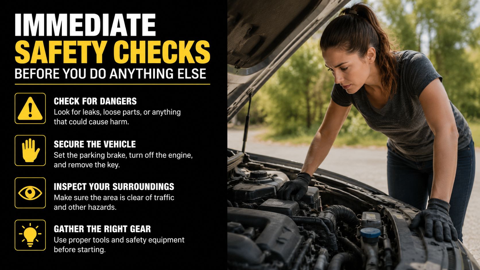 A woman checking the engine of a car while wearing black gloves for car safety maintenance.