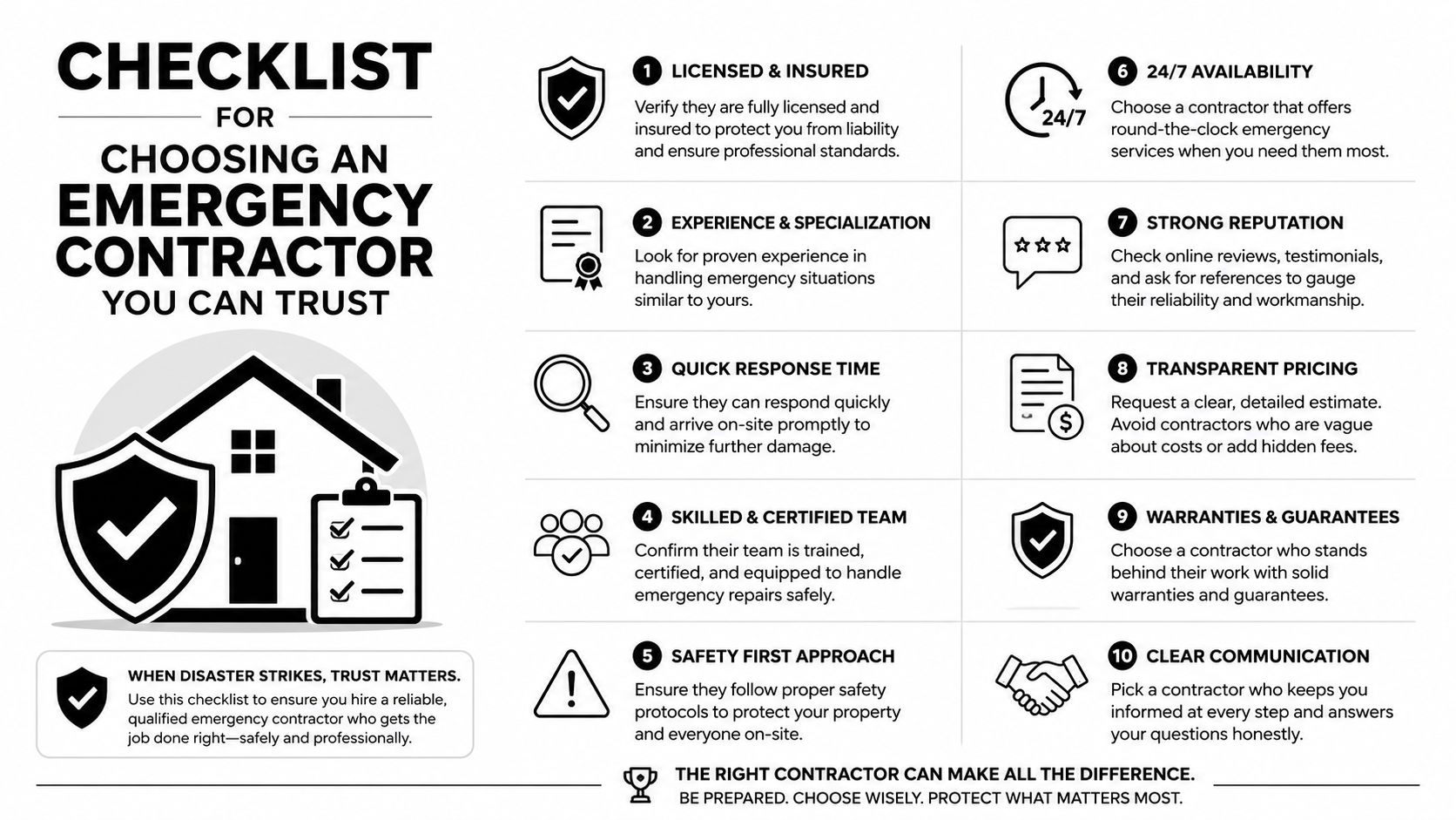 A checklist infographic outlining ten essential factors for choosing a reliable emergency contractor for home repairs.