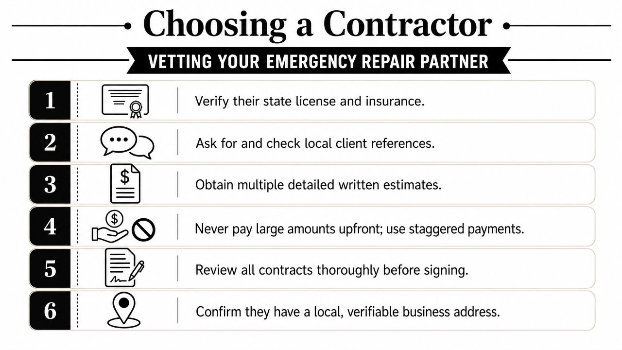 A checklist of six essential tips for vetting an emergency repair contractor to ensure quality service.