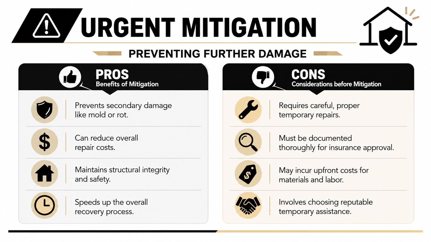 An infographic titled Urgent Mitigation comparing the benefits and considerations of performing immediate property damage repairs.