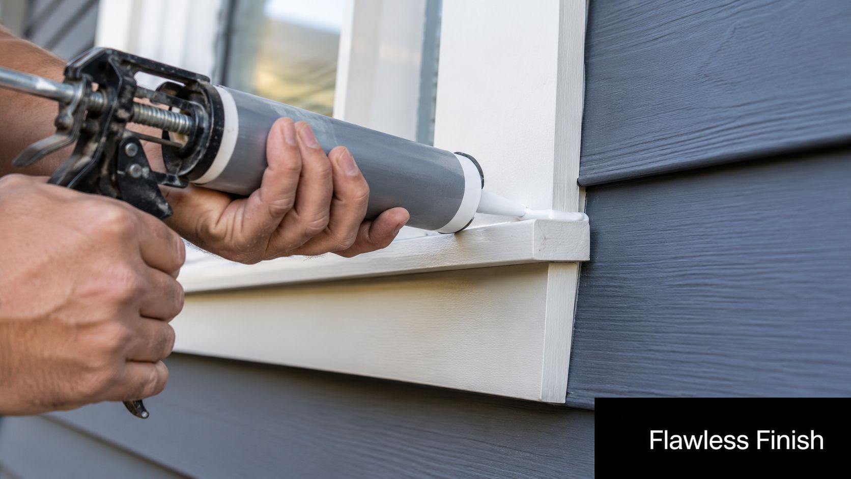 A close-up view of a person using a caulk gun to apply sealant along window exterior trim.