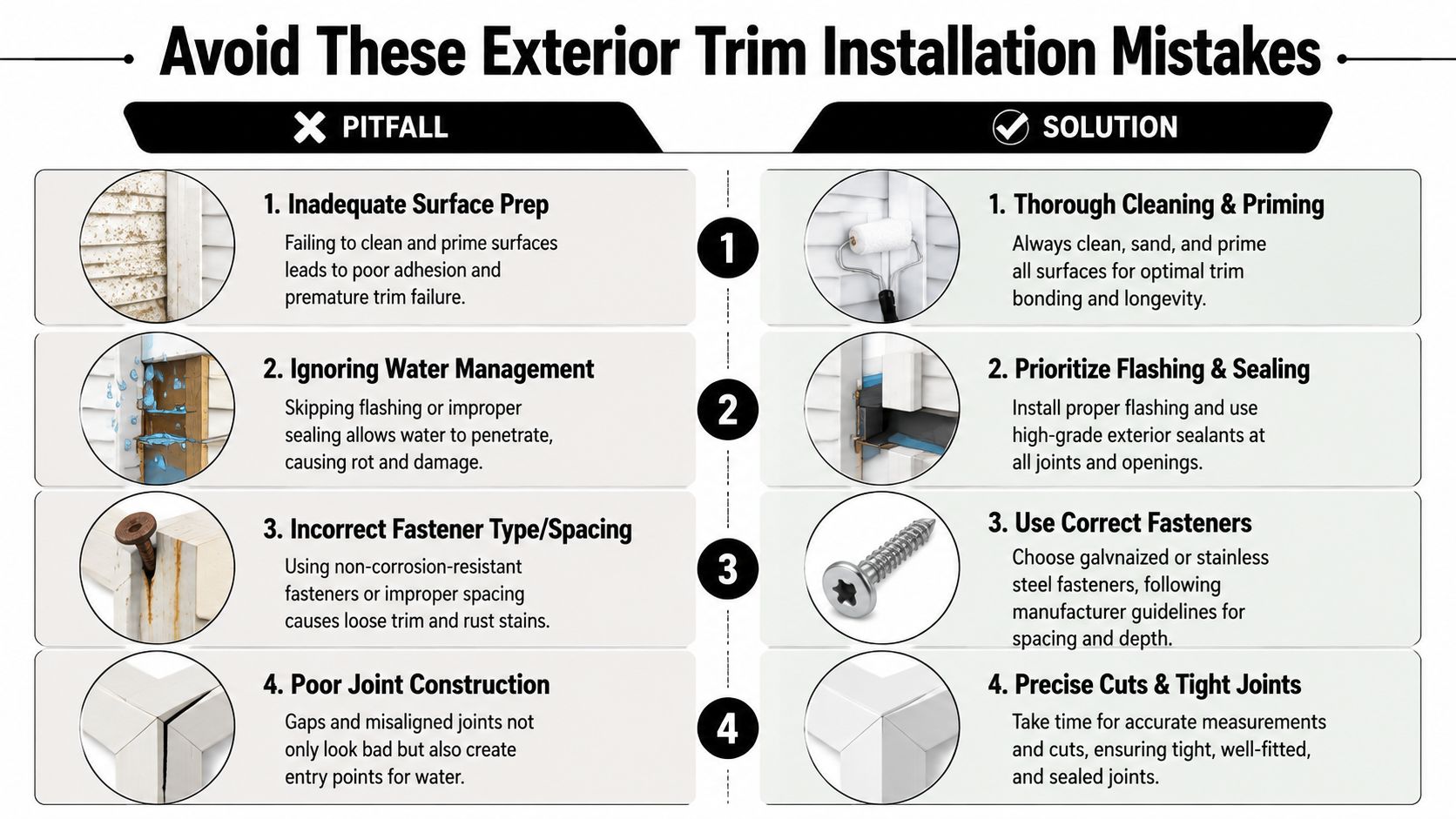 An infographic showing four common exterior trim installation mistakes and their corresponding correct solutions for home maintenance.