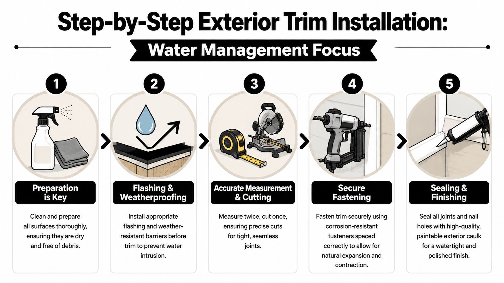 A five-step infographic showing the process for professional exterior trim installation to ensure effective water management.