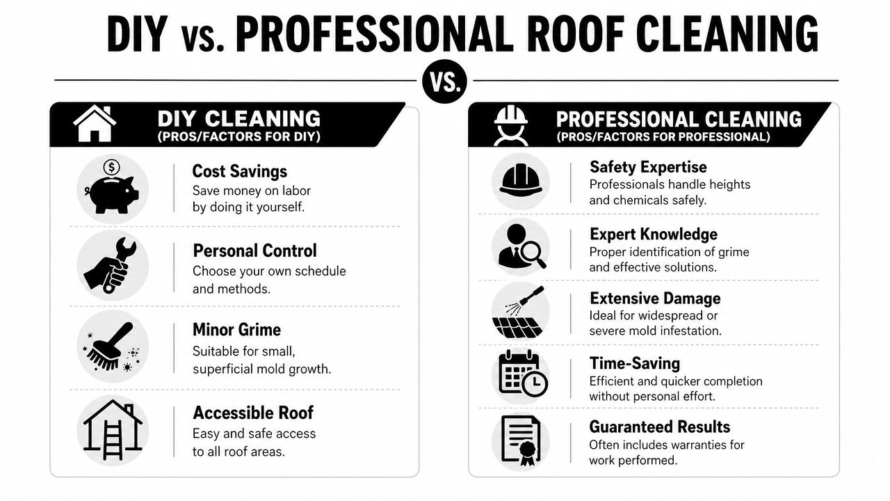 A comparison chart outlining the pros and factors of choosing DIY versus professional roof cleaning services.