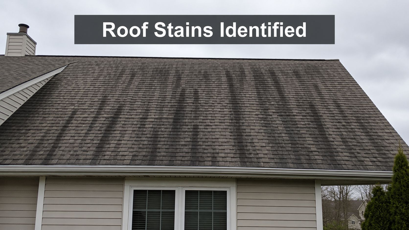 A house roof with noticeable black streaks caused by gloeocapsa magma algae growth.