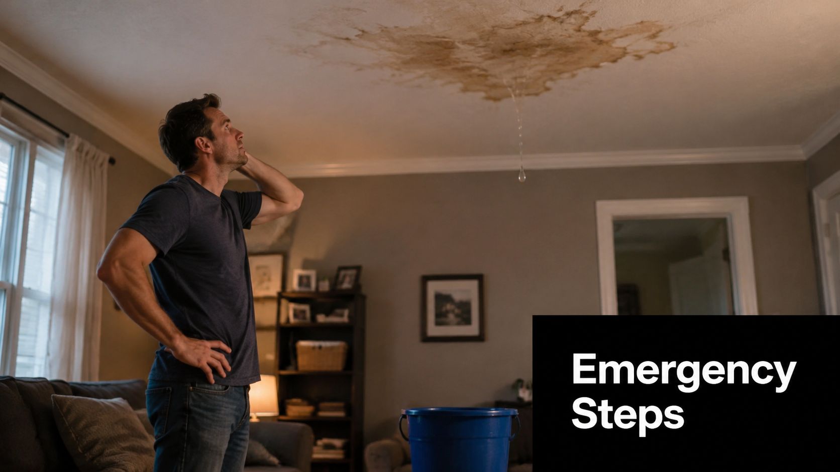 A concerned homeowner looking up at a water-damaged ceiling leaking into a blue plastic bucket.