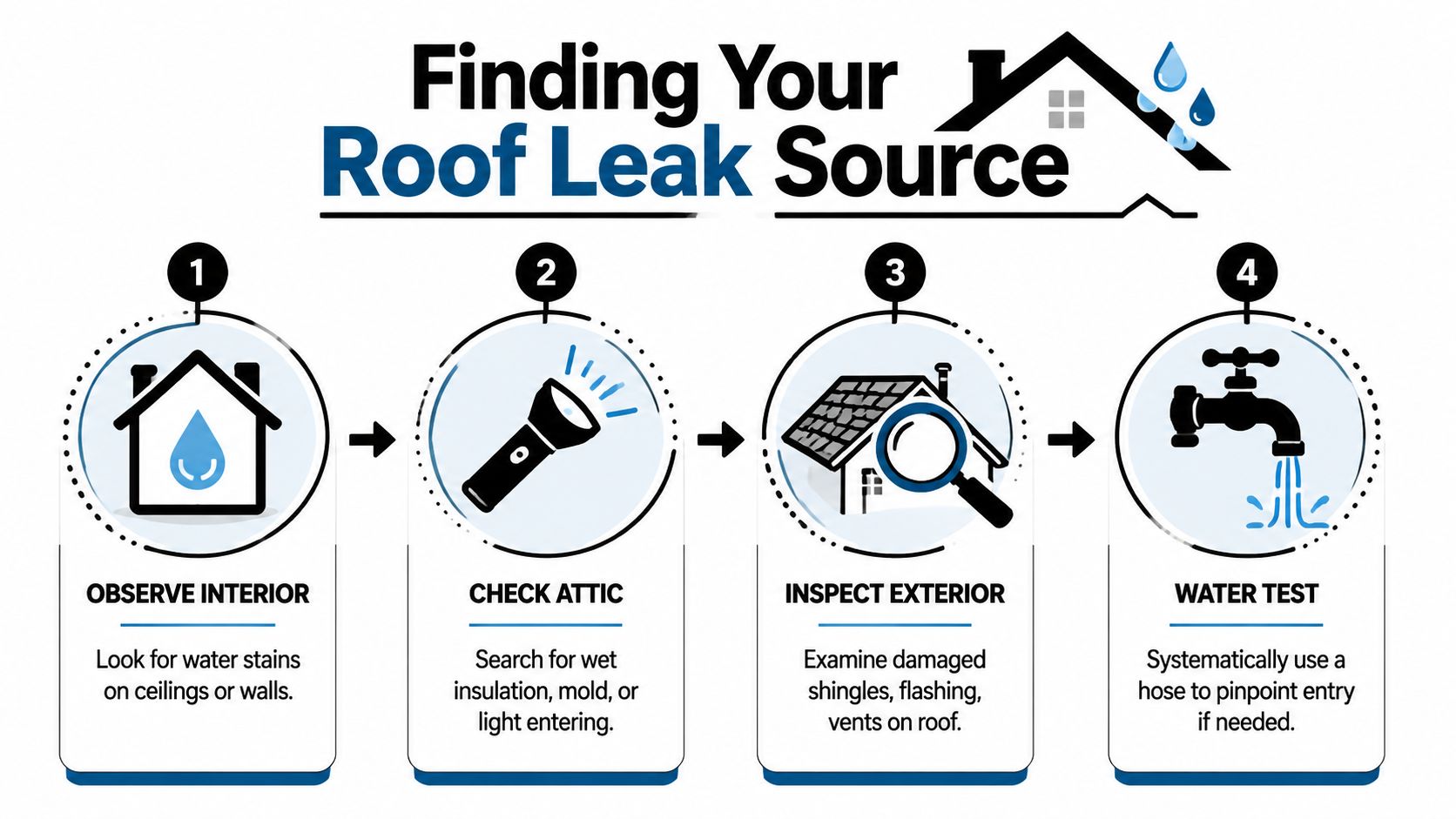 A four-step infographic illustrating how to identify the source of a roof leak in your home.