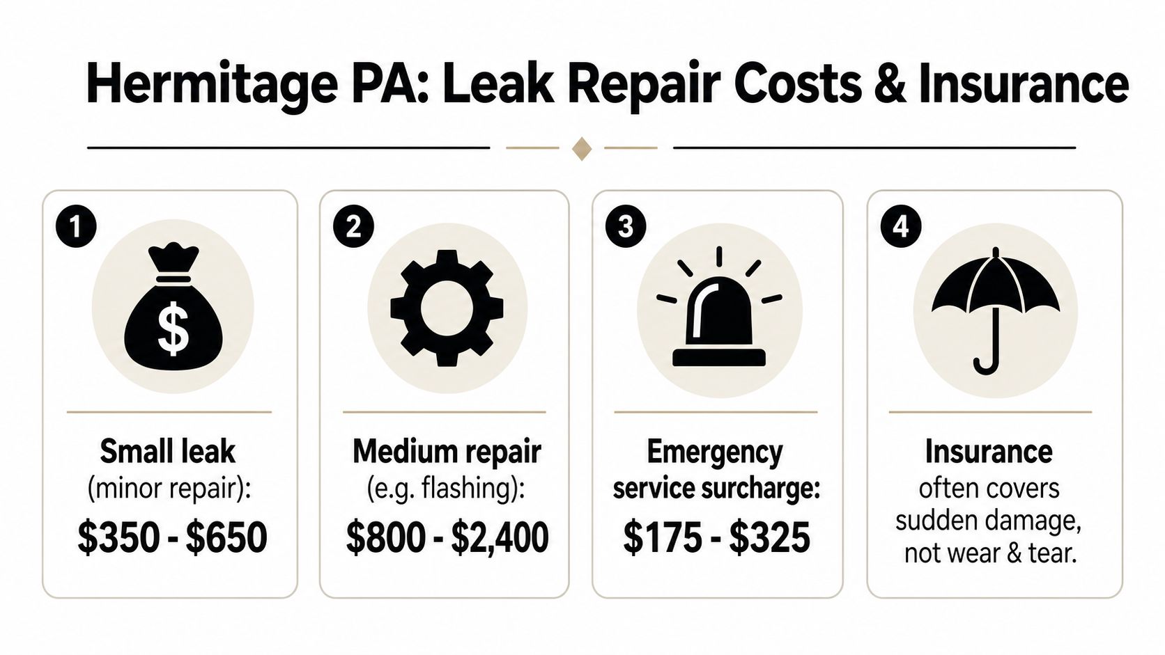 An infographic showing cost ranges for roof leak repairs and emergency services in Hermitage, PA.
