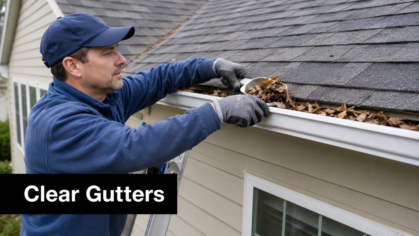 A professional worker using a scoop to clear dry leaves from the residential roof gutters.
