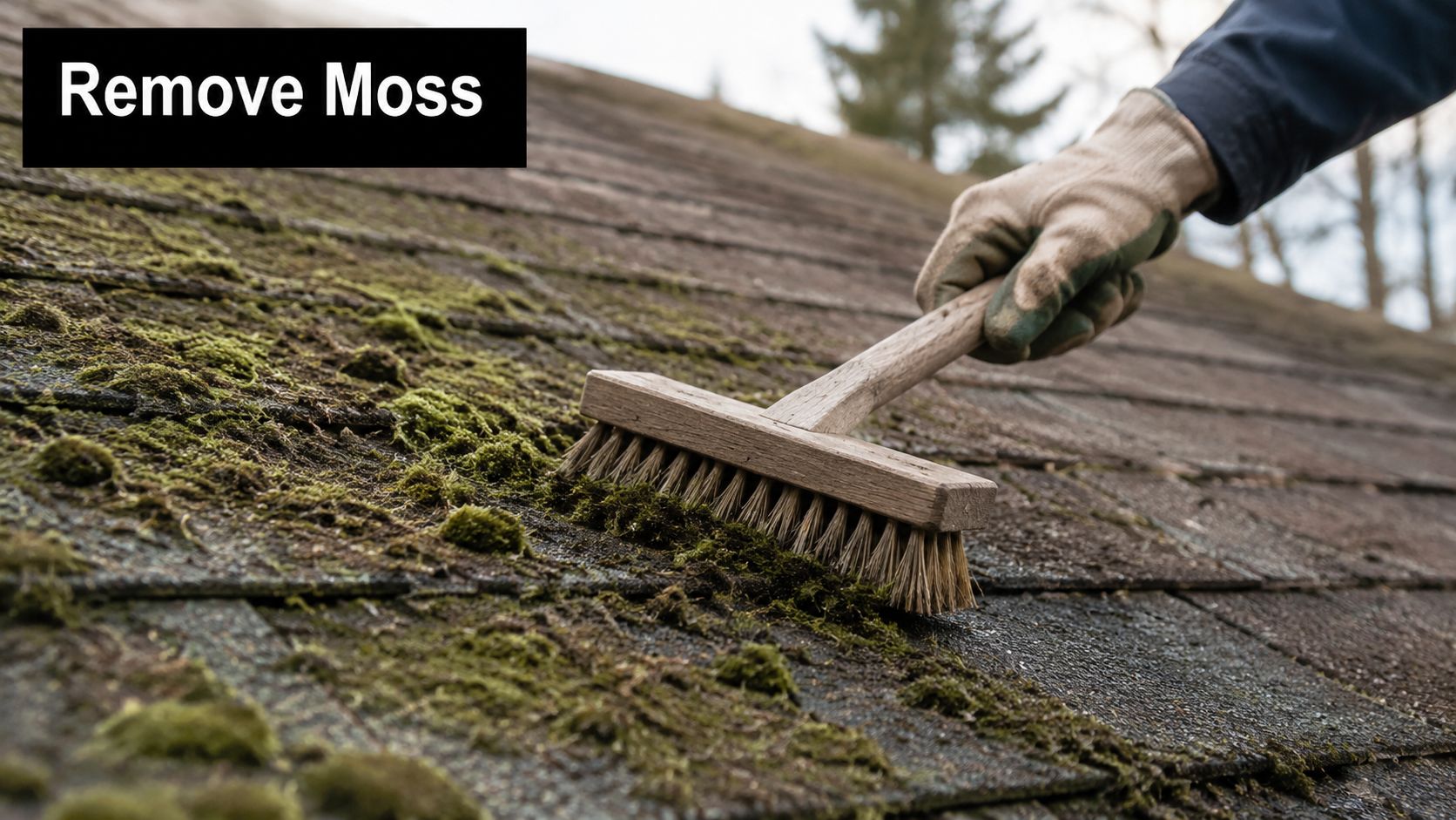 A gloved hand scrubbing green moss off a brown shingled roof with a wooden brush