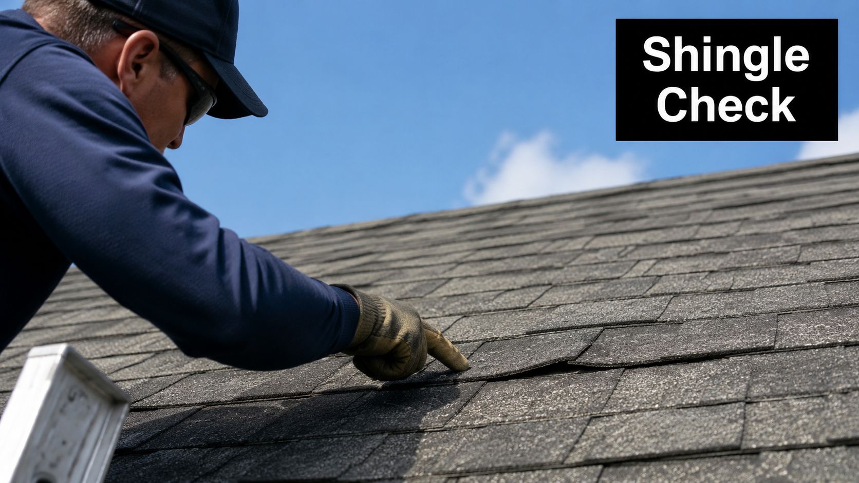 A professional roofer examining damaged shingles on a residential roof during a routine inspection.