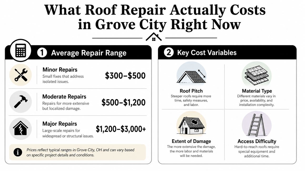 An infographic showing average roof repair price ranges and cost factors in Grove City, Ohio.