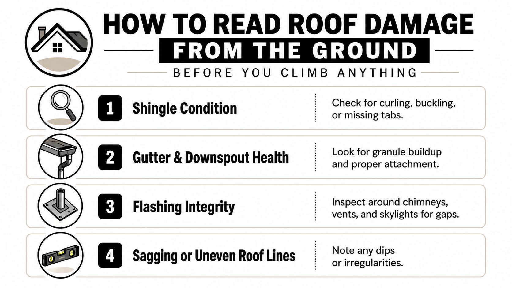 An infographic showing four steps to check for roof damage from the ground before climbing up.