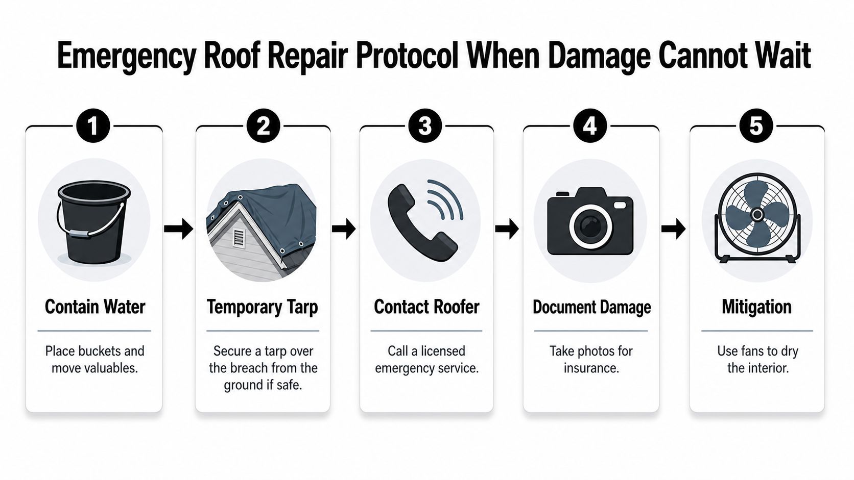 A five-step infographic showing an emergency roof repair protocol with icons for water containment and tarping.