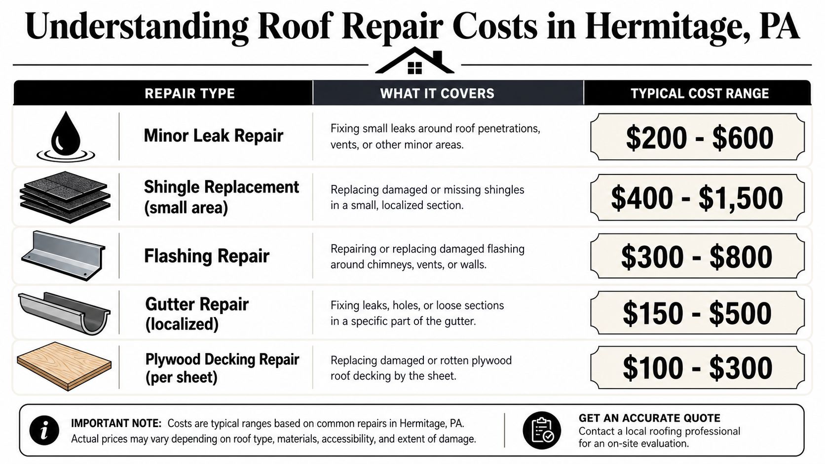 A chart detailing the typical cost ranges for various common roof repair services in Hermitage, Pennsylvania.