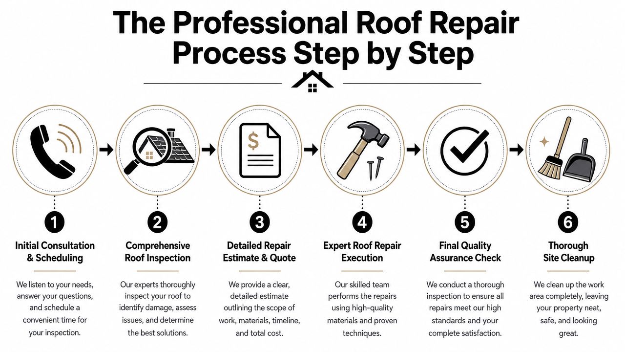 A six-step infographic detailing the professional roof repair process from initial consultation to final site cleanup.