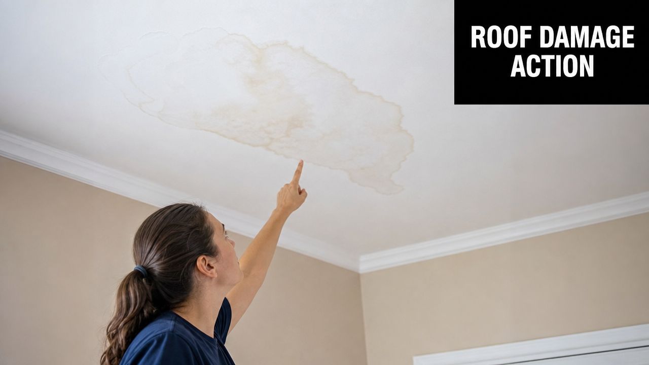 A person pointing to a large water stain on their ceiling, indicating possible roof damage.
