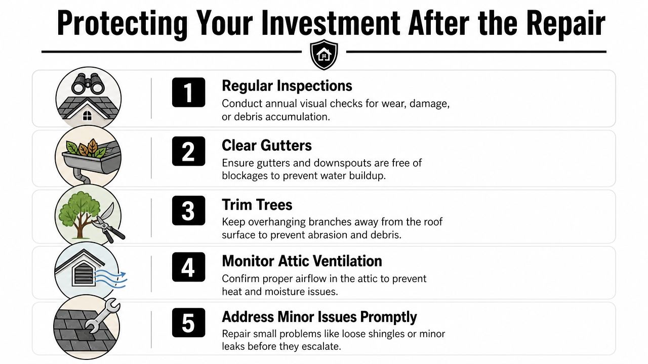 An infographic titled Protecting Your Investment After the Repair detailing five essential roof maintenance tips.