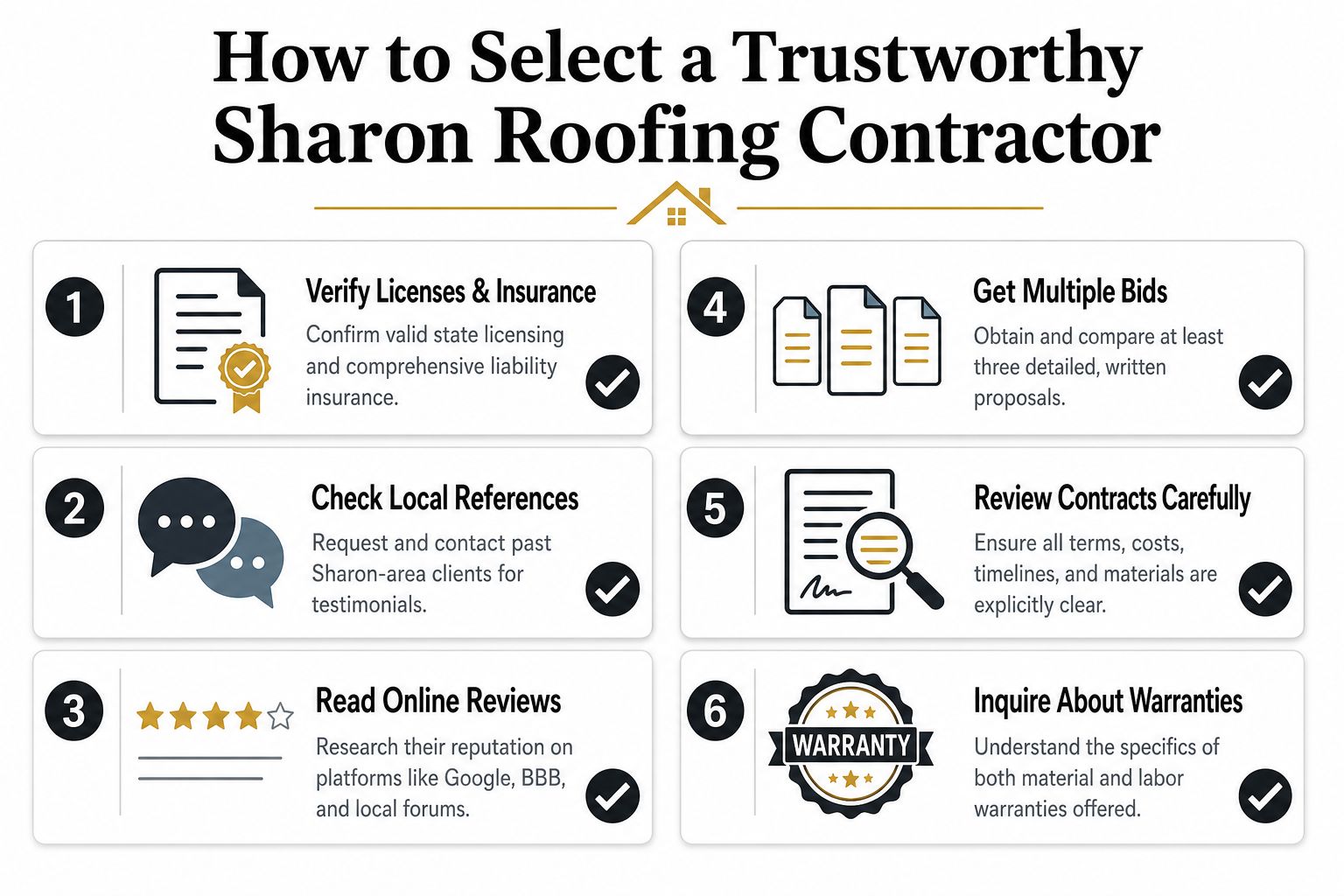 An infographic titled How to Select a Trustworthy Sharon Roofing Contractor, featuring six numbered steps for homeowners.