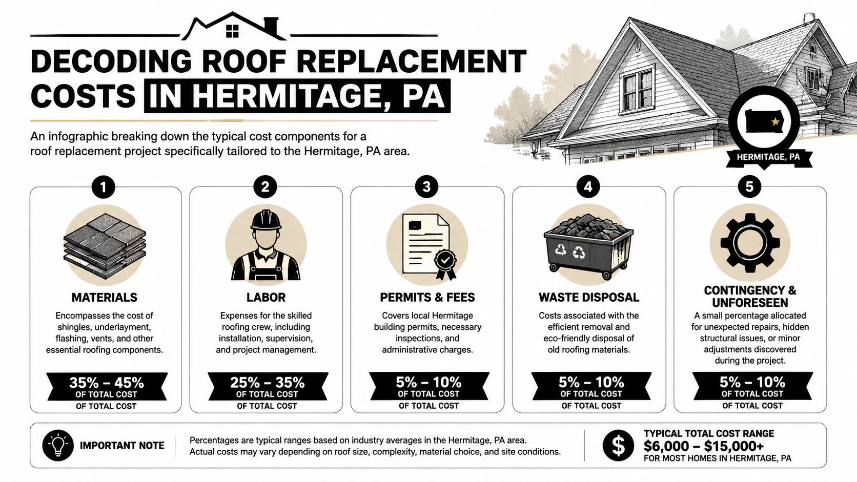 An infographic detailing the estimated cost breakdown percentages for residential roof replacement projects in Hermitage, Pennsylvania.