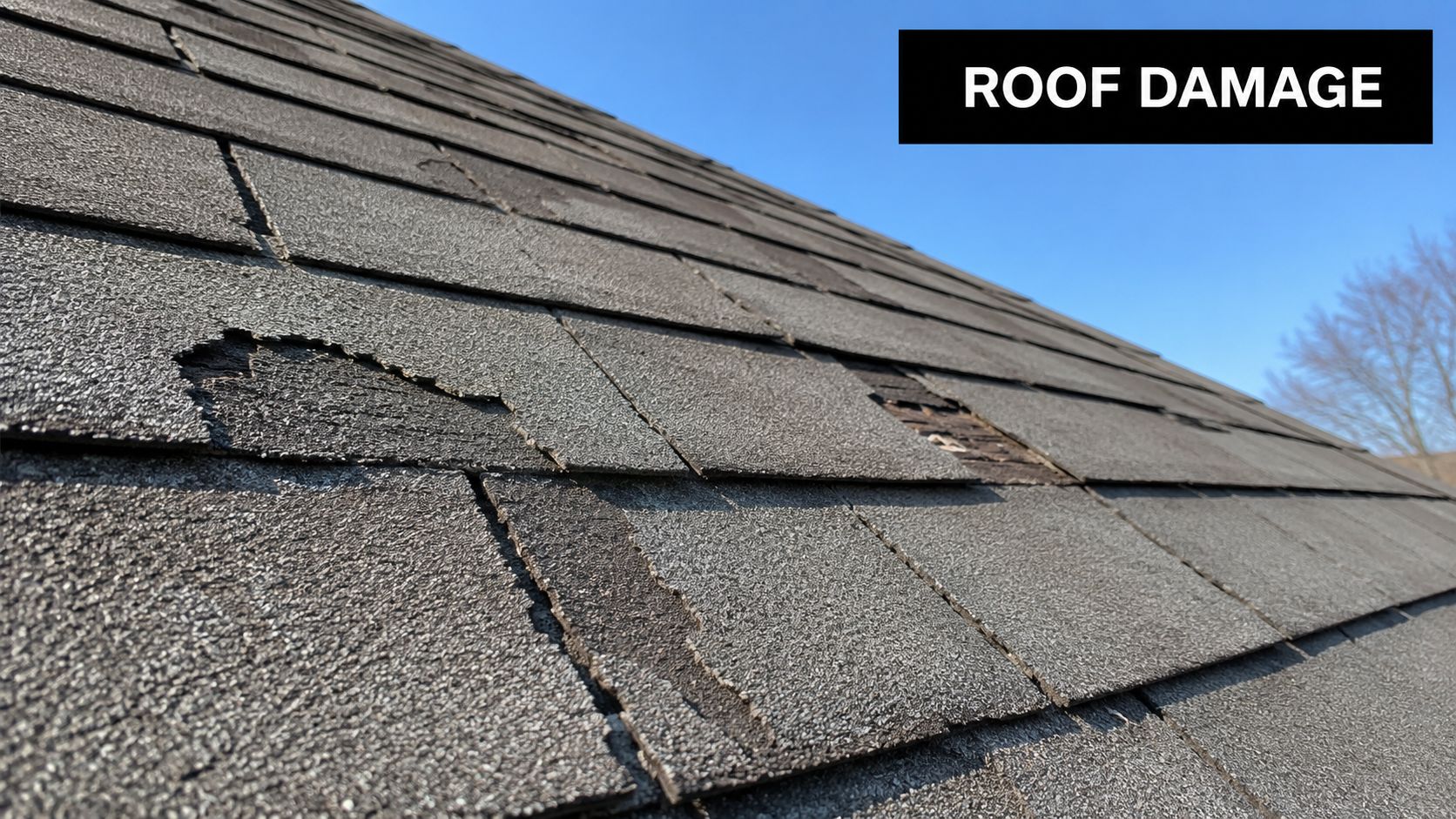 Close up view of damaged asphalt roof shingles showing peeling and missing material on a residential roof.