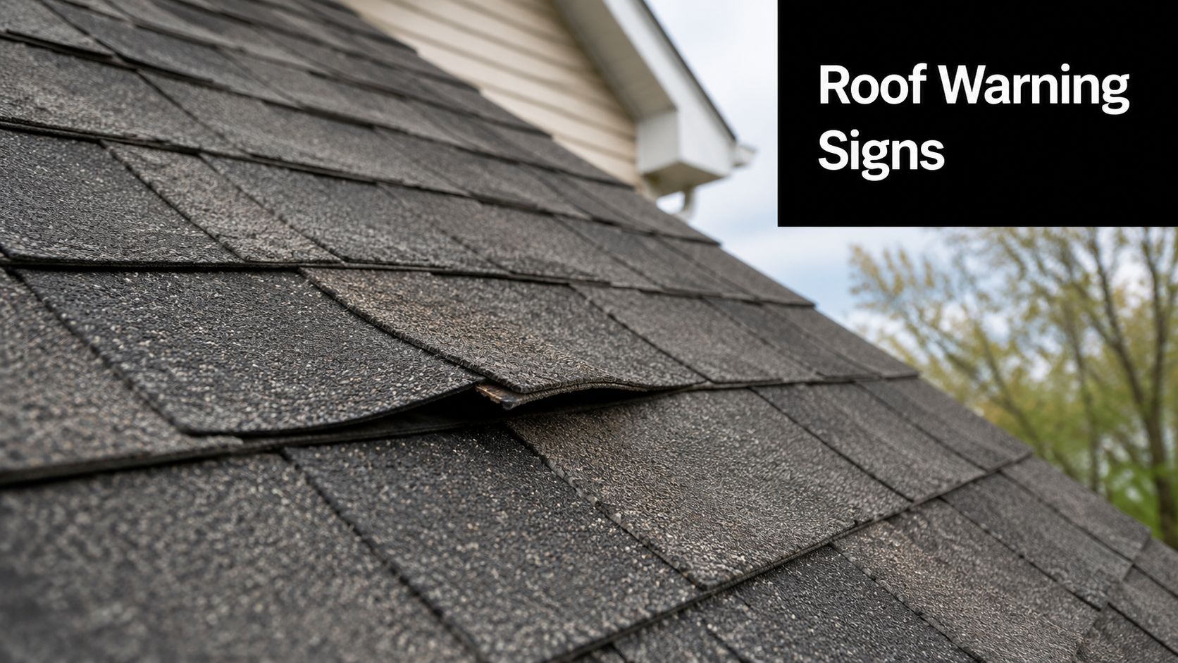 A close up view of a damaged roof with a curling asphalt shingle showing signs of wear.