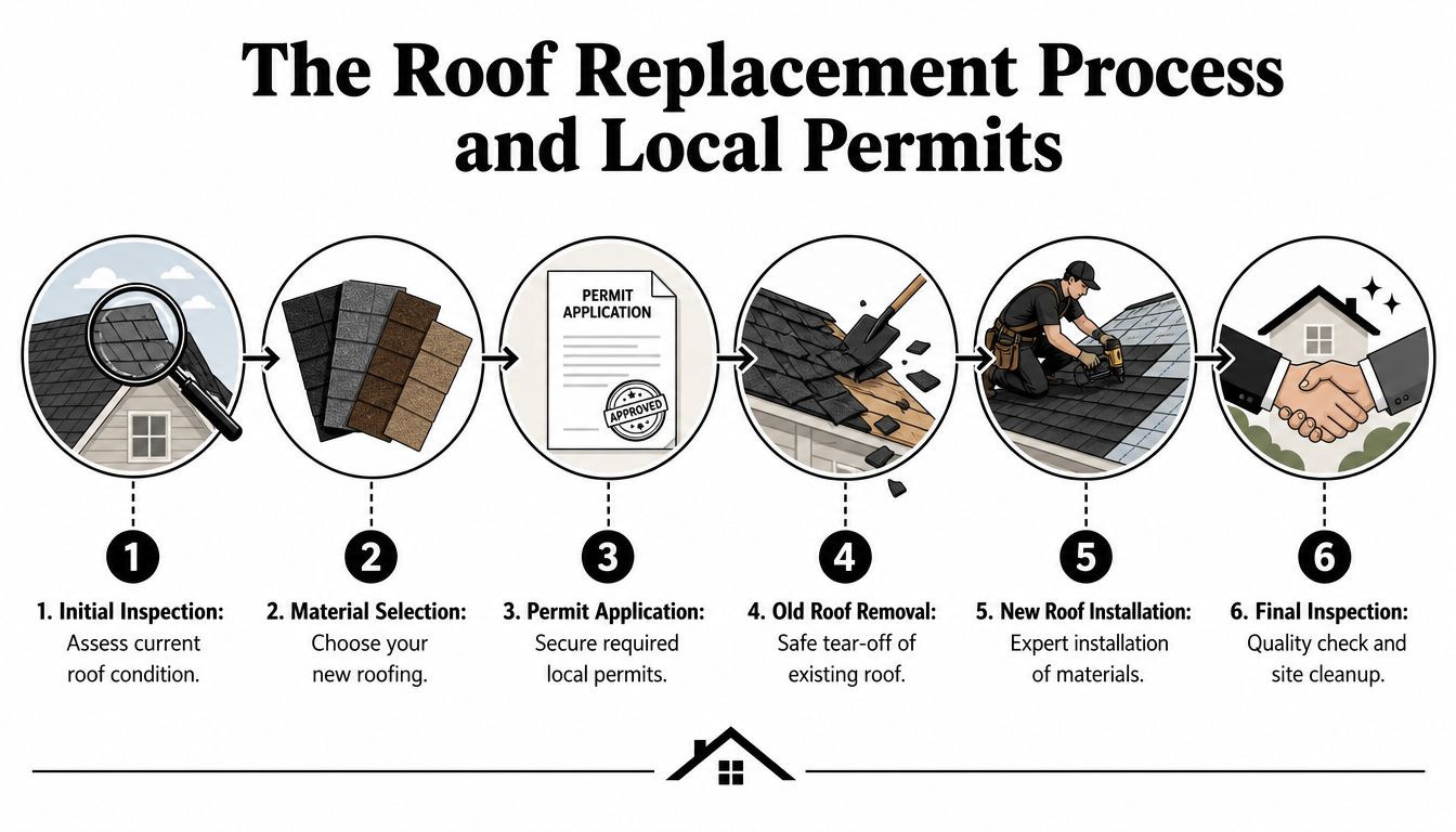 An infographic showing the six steps of the residential roof replacement process including permits and inspections.