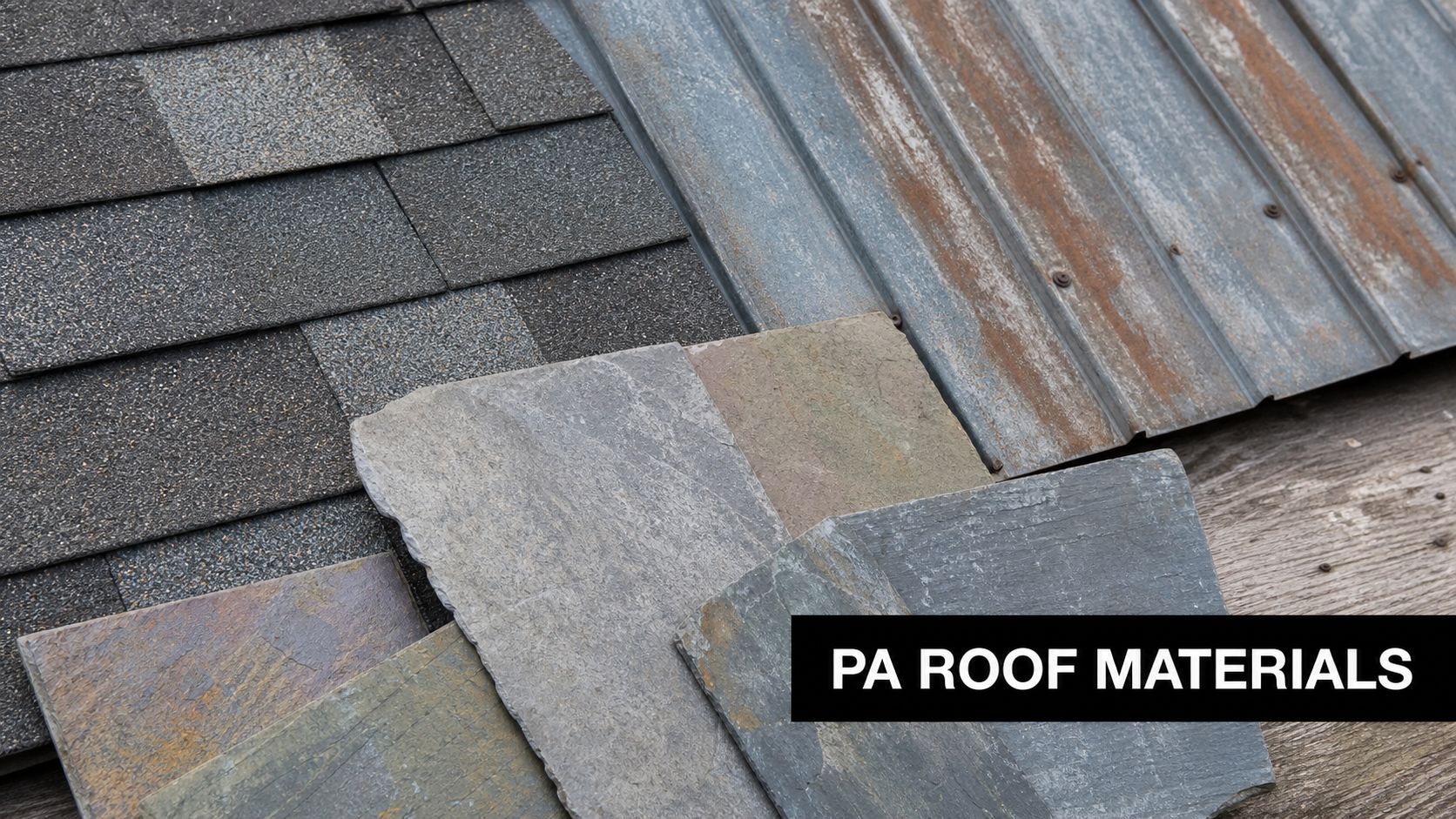 A display of various roofing materials including asphalt shingles, metal panels, and natural slate tiles.