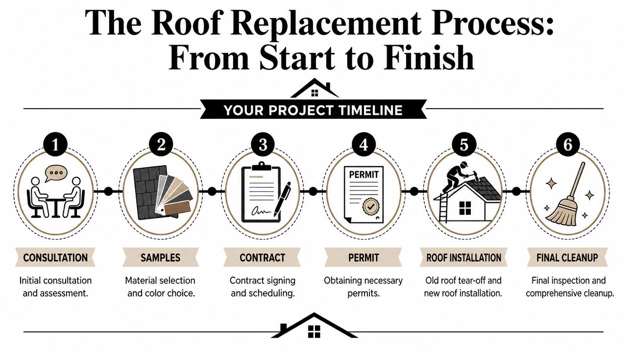 A six-step infographic illustrating the professional roof replacement process from initial consultation to final cleanup.