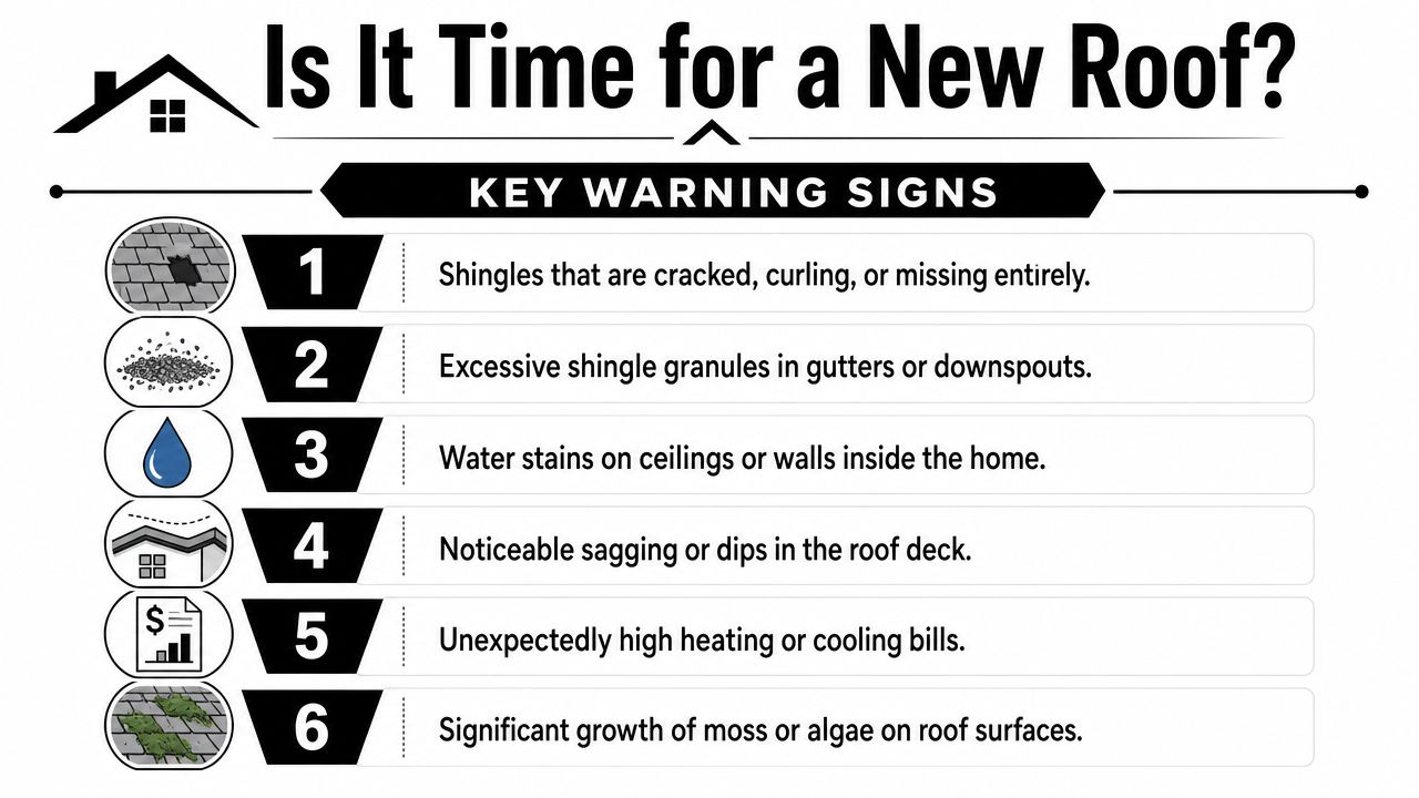 An infographic titled Is It Time for a New Roof illustrating six key warning signs of roof damage.