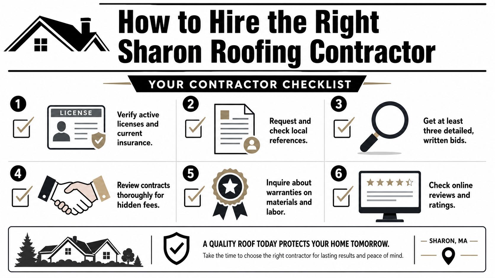 A checklist infographic on how to choose and hire the right residential roofing contractor in Sharon.