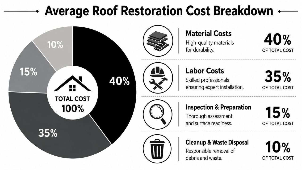 A pie chart infographic showing the average breakdown of roof restoration costs across materials, labor, inspection, and disposal.