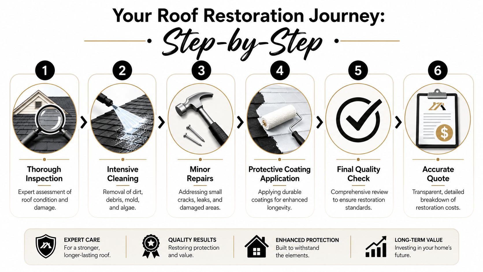 A step-by-step infographic showing the professional roof restoration process from initial inspection to final price quote.