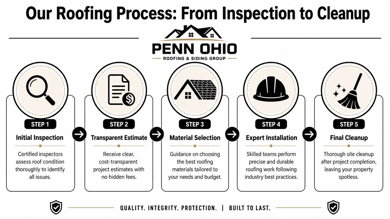 A five-step infographic detailing the professional roofing and siding process from initial inspection to final site cleanup.