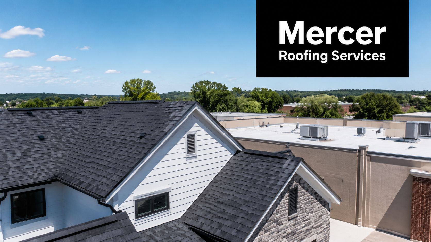 An aerial view of a residential roof featuring dark shingles next to a commercial building.