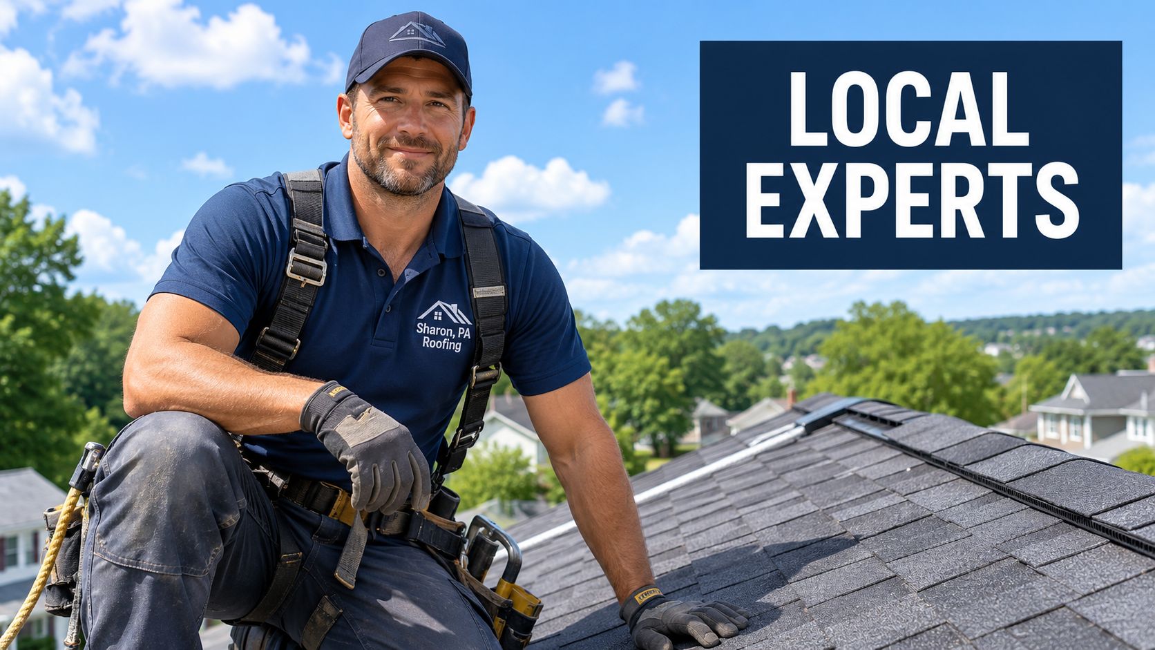 A professional roofing contractor wearing a Sharon, PA Roofing shirt smiles while kneeling on a residential roof.