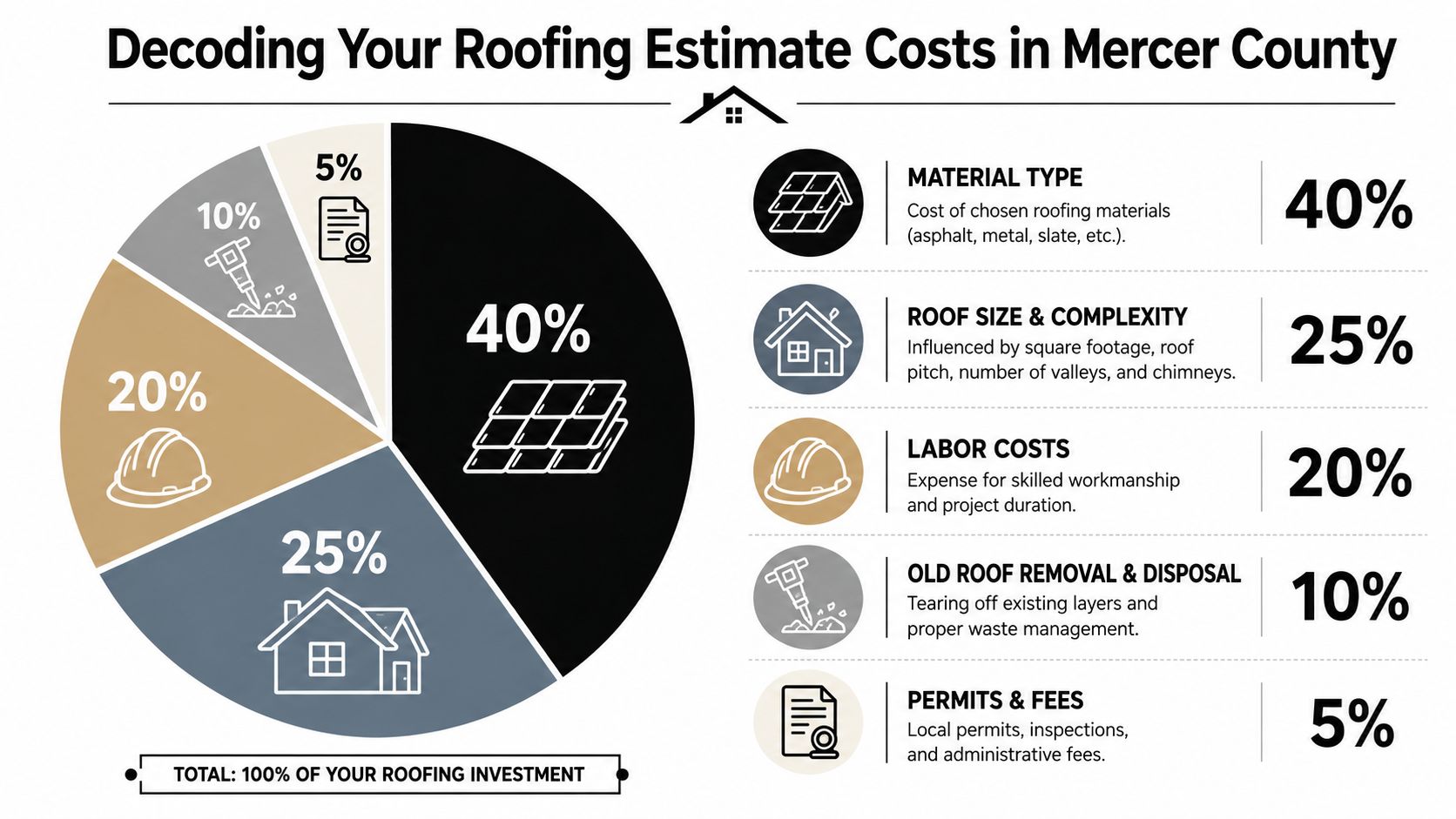 A pie chart infographic titled Decoding Your Roofing Estimate Costs in Mercer County explaining project expenses.