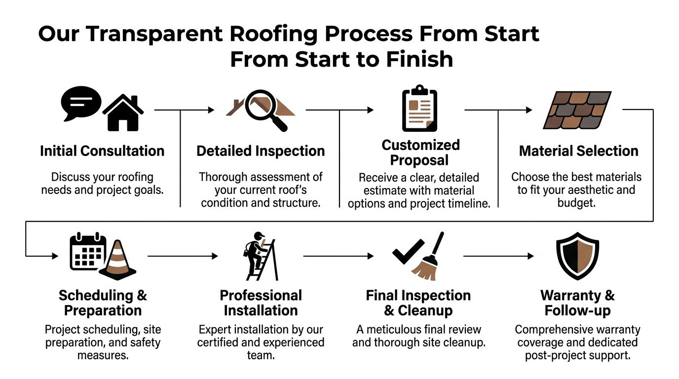 A step-by-step infographic illustrating the professional residential roofing process from initial consultation to final warranty.