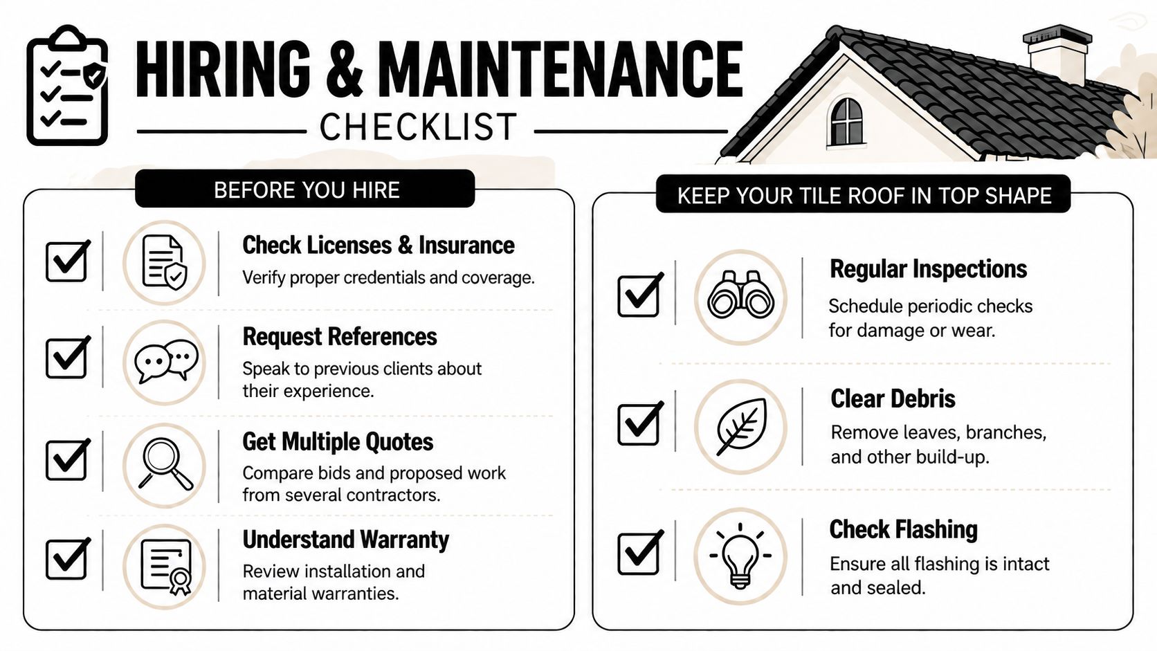 An infographic checklist for hiring roofing contractors and maintaining a tile roof in top condition.