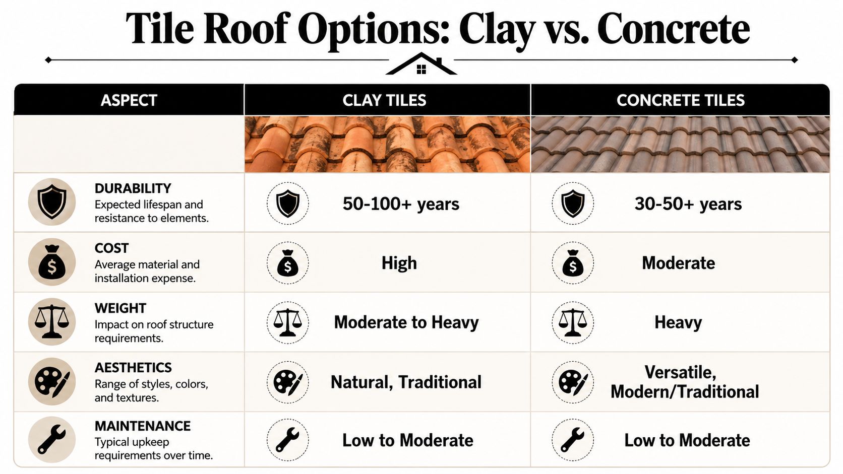 A comparison chart showing the differences between clay and concrete roof tiles regarding durability, cost, weight, and aesthetics.